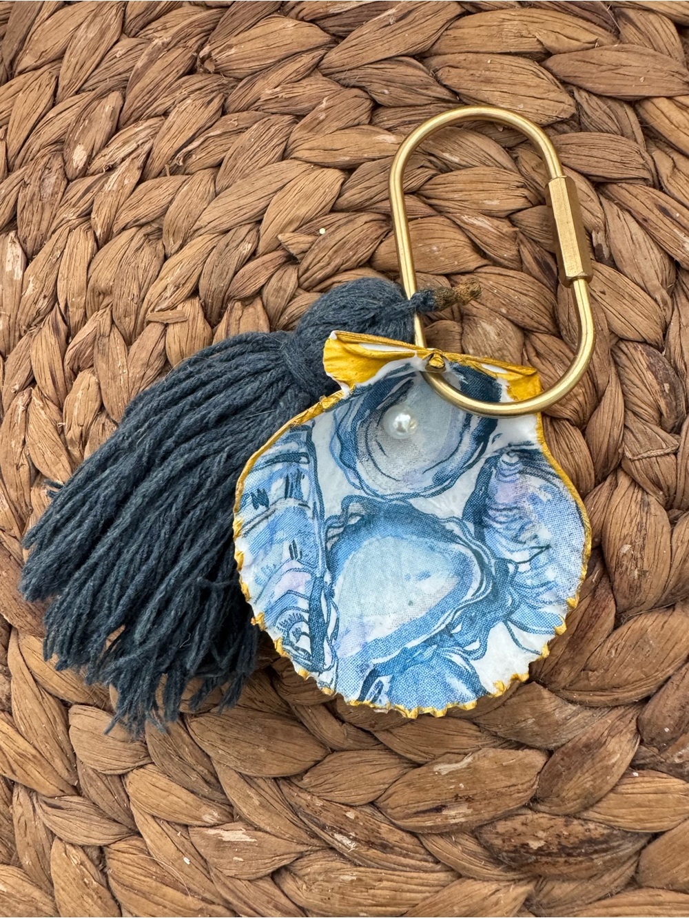 Blue Shell Tassel Key & Card Holder with Gold Ring